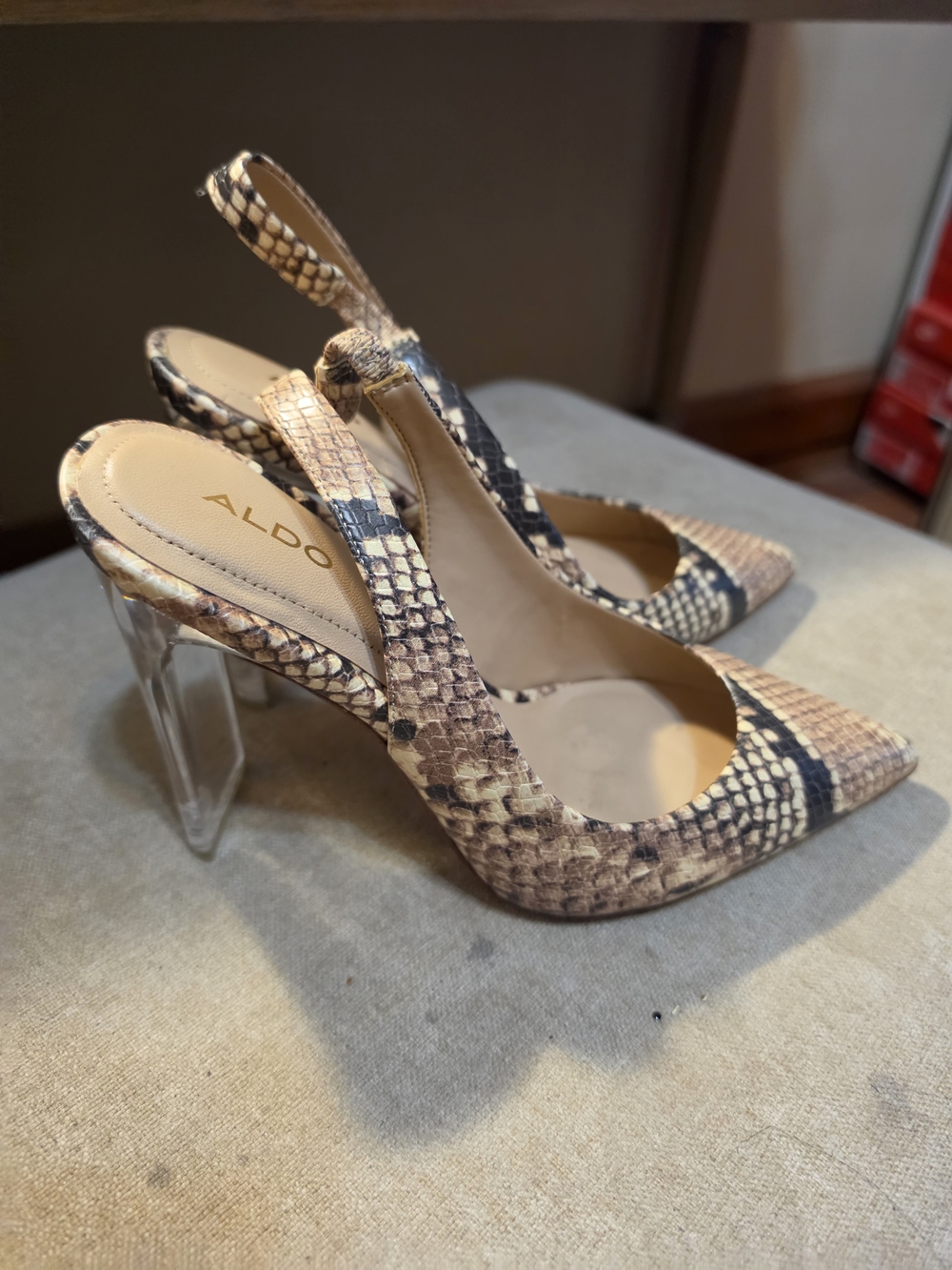 ALDO Snake-Print Slingback Pumps in Beige and Black with Clear Block Heel